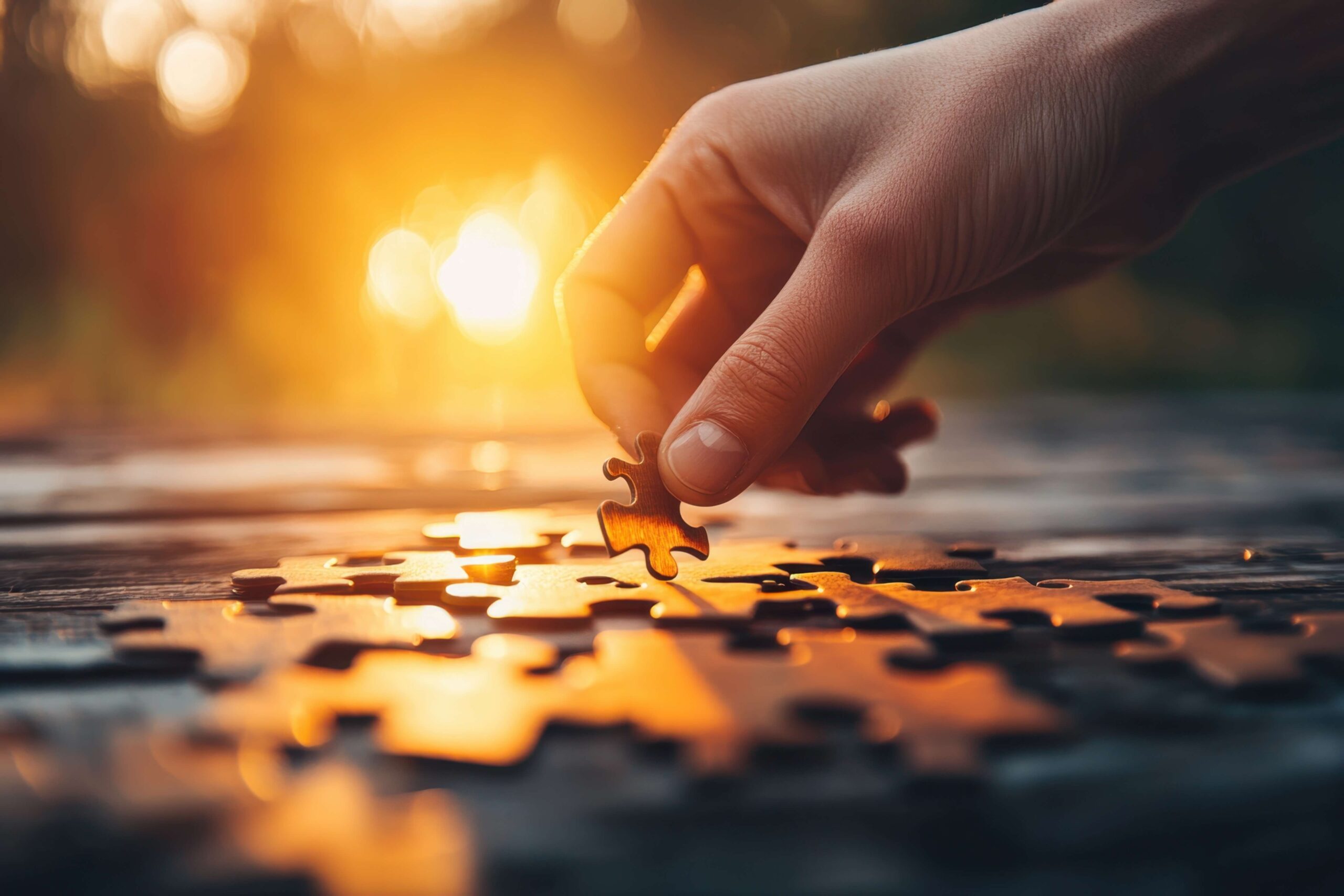 Hand setzt Puzzleteil in Puzzle bei Sonnenaufgang – Symbol für Lösung, Vollendung und Innovation durch Next Level by eurosill