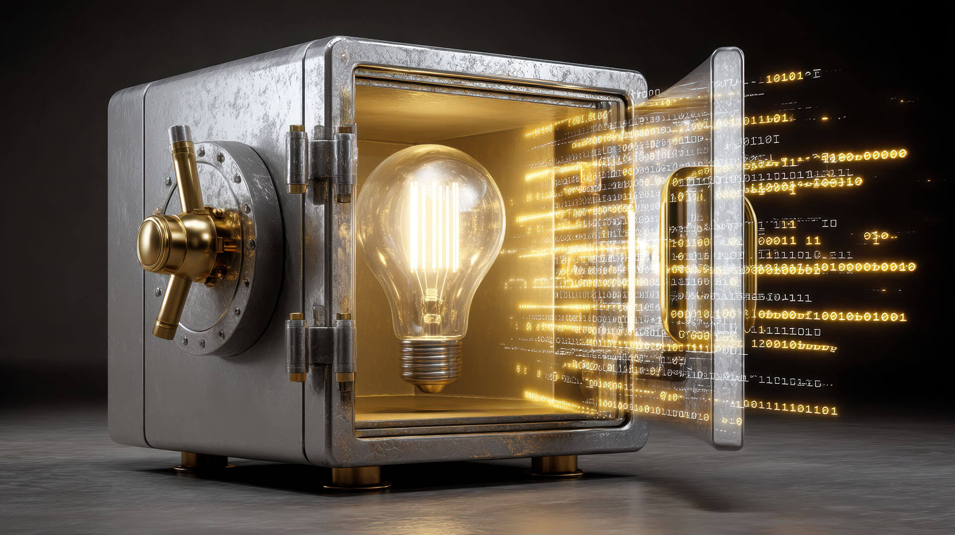 Offener Safe mit leuchtender Glühbirne – Symbol für enthüllte Innovation, Geheimnis und Zukunftstechnologie
